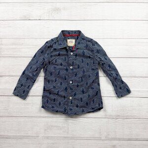 Mini Boden Boys Button Down Shirt Penguin Print Long Sleeve Collared Top 4-5